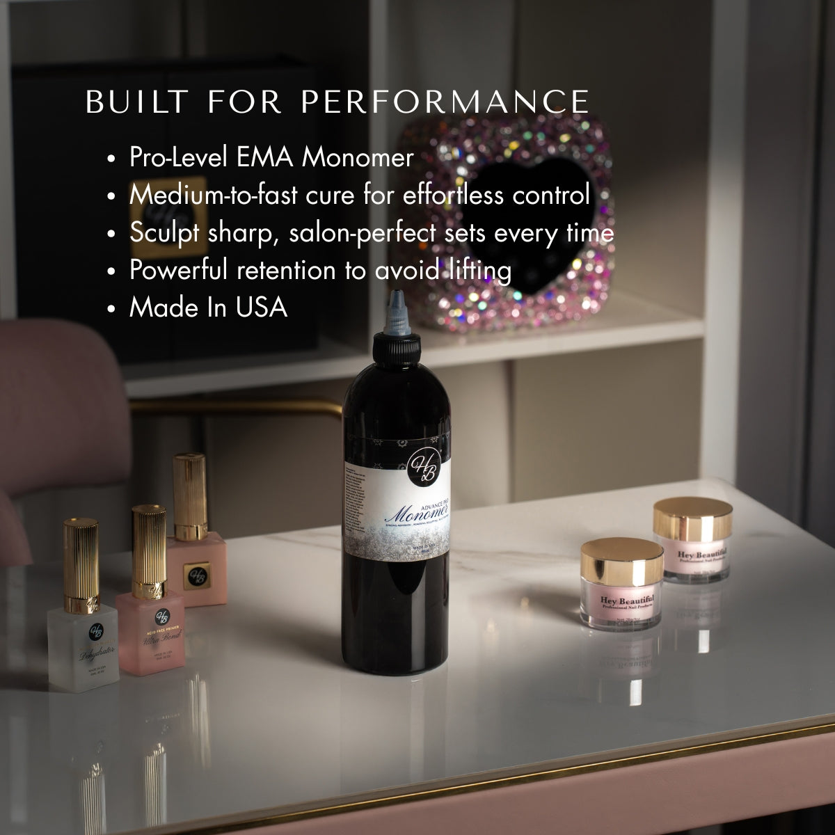 Bottle of EMA Monomer with cosmetic products on a reflective surface, text about product features.