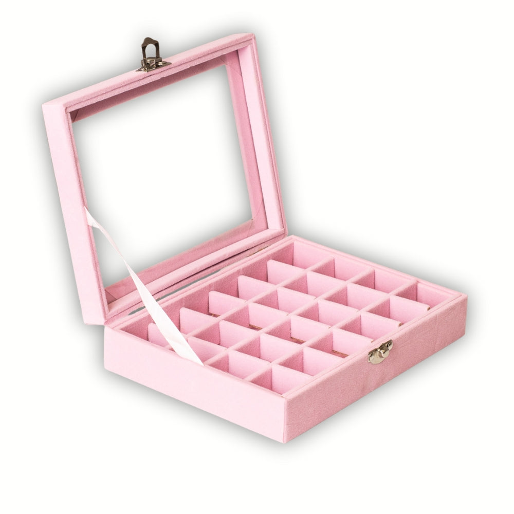 Pink jewelry box with glass lid on a white background