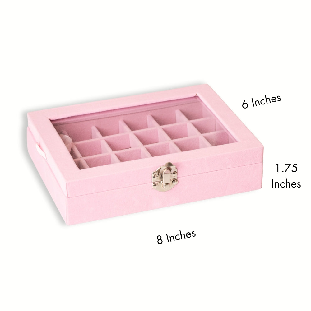 Pink jewelry box with dimensions labeled on a white background