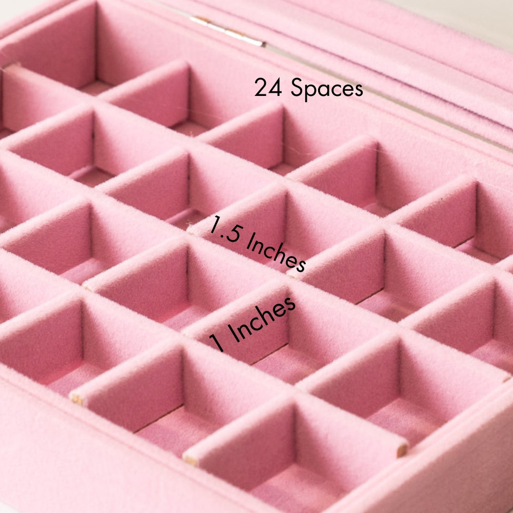 Pink jewelry organizer with compartments labeled for size and quantity